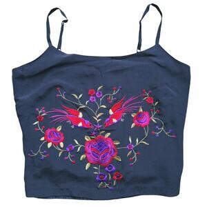 Vintage CLIO Silk Floral Embroidered Tank Top Black Size 10 Boho Festival Indie